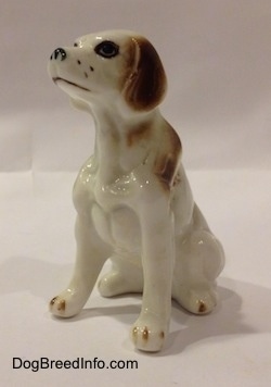 The front left side of a white with brown bone china English Setter figurine. The figurine has a detailed face and brown ears.