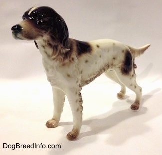 The front left side of a figurine of a white with brown English Setter in a standing pose. The figurine has a long muzzle.