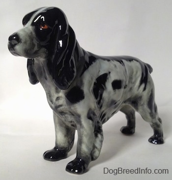 The front left side of a figurine of a black and white English Springer Spaniel. The figurine has black spots along the length of its body and brown eyes.