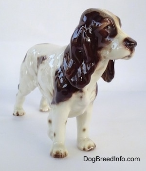 The front right side of a white with brown English Springer Spaniel figurine. The figurine has a detailed face.