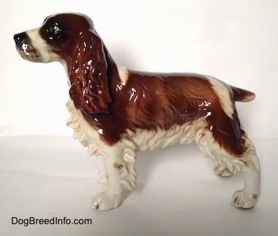 The left side of a brown and white with black English Springer Spaniel figurine in a standing pose. The figurine has fine hair details along the edge of its body. The dogs tail is docked short and its ears are long and hang down to the sides.