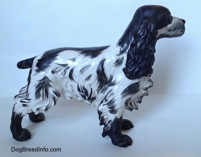 The right side of a figurine of a black and white English Springer Spaniel with a matte finish. The figurine has hair around the edge of its body and legs.