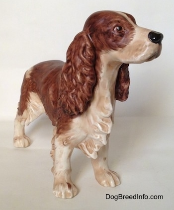 A figurine of a brown and white English Springer Spaniel in a standing pose figurine with a matte finish. The figurine has long legs and white paws.