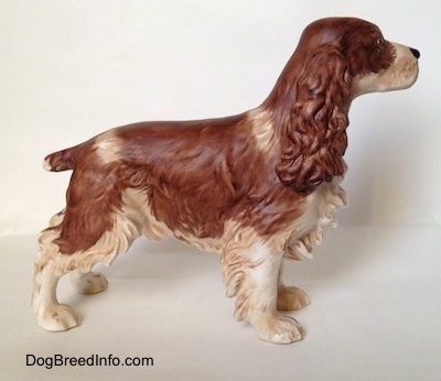 The right side of a figurine of a brown and white English Springer Spaniel in a standing pose with a matte finish. The figurine has long bushy ears,