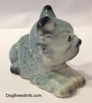 The front right side of a white with black French Bull Tzu figurine in a laying down pose figurine. The figurine has small paw details and it has black tipped nails.