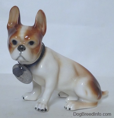 Teh left side of a brown and white French Bulldog figurine. The figurine is looking forward and it has black circles for eyes.