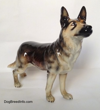 The front right side of a figurine of a black and grey standing German Shepherd. The figurine has its mouth painted open.