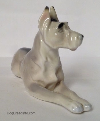 The front right side of a white with black Great Dane laying down figurine. The figurine has black eyebrows and a black nose.