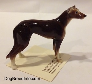 The right side of a figurine of a brown with white Greyhound. The figurine has long brown legs and it has small white paws.