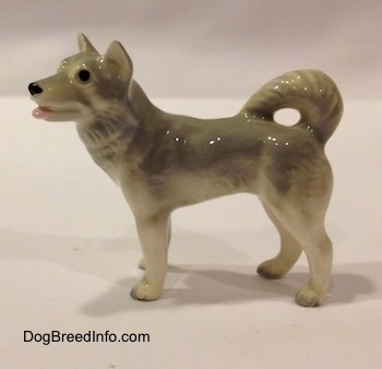 The left side of a grey and white Husky figurine. The figurine has black circles for eyes and its pink mouth is painted open. It has small perk ears and a fluffy tail that is curled up over its back.