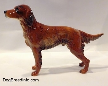 The left side of a glossy brown with black Irish Setter dog figurine. The figurine has its tail sitting up and out. Its ears are hanging down to the sides and its tail has fringe  hair on it that comes to a point at the tip. The dog is a male.