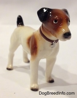 The front right side of a figurine of a white with brown and black Jack Russell Terrier dog. The figurine has short black ears that are hard to different from the head.