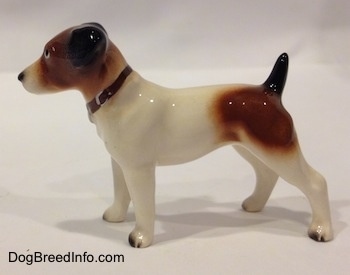 The left side of a white with brown and black Jack Russell Terrier dog figurine. The figurine has a brown collar on.