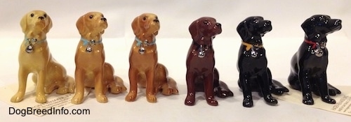A Line-up of Hagen-Renaker miniature Labrador Retrievers and their different color variations. Each figurine is looking up and to the right.
