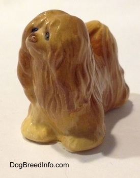 The front left side of a brown Lhasa Apso figurine. The figurine has short legs.