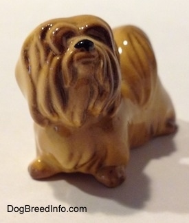 The front left side of a Lhasa Apso figurine. The figurine is looking up and to the right and it has hair along its face.