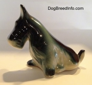 The front left side of a figurine of a black, gray and white miniature Schnauzer sitting. The figurine black ears.