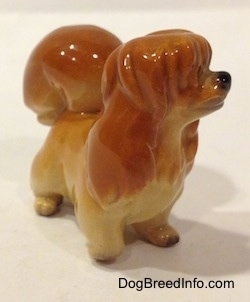 The front right side of a brown with tan figurine of a Pekingese puppy. The figurine has short legs.