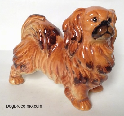 The front right side of a brown and tan with black Pekingese figurine. The figurine has black circles for eyes.