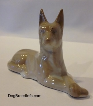 The front right side of a Pharoah Hound figurine. The figurine has its front paws crossed over top of each other.