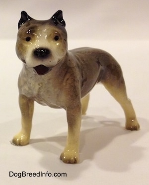 A black, grey and white figurine of a Pit Bull Terrier. The figurine has its mouth open and its ears are clipped.