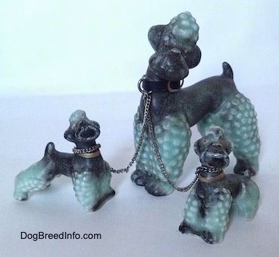 Three Porcelain Poodle figurines are chained togehter with a thin silver chain. There is an Adult Poodle figurine chained to two puppy Poodle figurines.