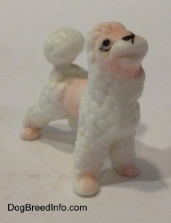 The front right side of a figurine of a white bone china Poodle puppy. The figurine has a mouth etched in it, but no paint has been added to it.
