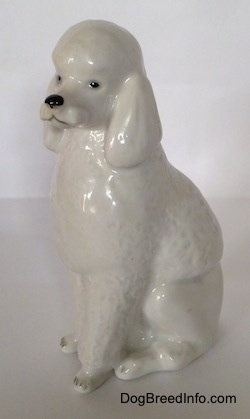 The front left side of a figurine of a porcelain white standard Poodle in a sitting pose. The figurine has long legs.