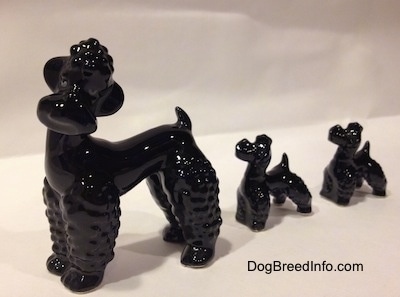 The front left side of three figurines black Poodel figurines. Each figurine has a hair poof on there heads.