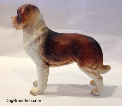 The left side of a brown and white figurine of a Saint Bernard. The figurine has fine hair details.