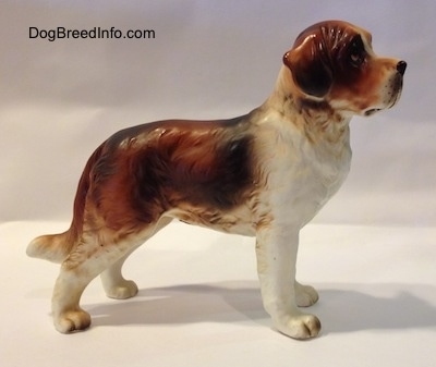 The right side of a brown and white Saint Bernard figurine. The figurines ears are hard to differentiate from its head at this angle.