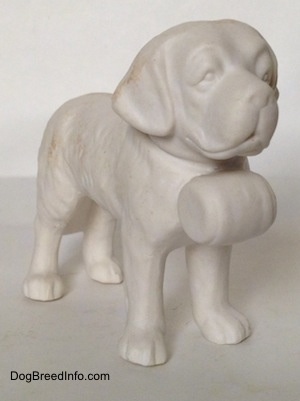 The front right side of a white bisque porcelain Saint Bernard figurine. The figurine is not painted.