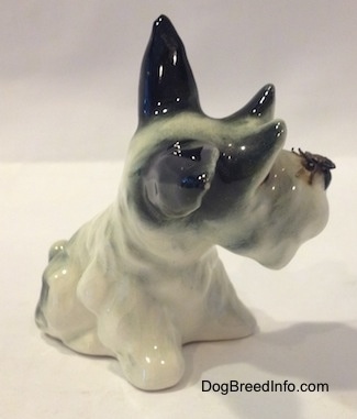 The front right side of a white with black figurine of a miniature Schnauzer in a sitting position. 