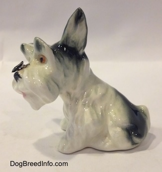Side view of a ceramic dog figurine with a fly on its nose