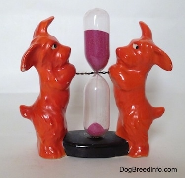 Two orange miniature Schnauzer figurines standing on their hind legs. They are holding onto a wire that is in the middle of an hourglass.