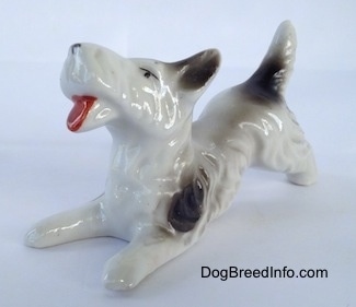 The front left side of a bone china Schnauzer figurine. The ears of the figurine are black.