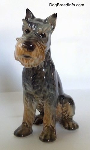 The front left side of a grey and tan Schnauzer figurine. The head of the figurine is tilted to the right and it has a detailed face.