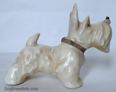 The right side of a figurine of a white with cream Scottish Terrier with a fly on its nose. The figurine has a small tail arched over its back.