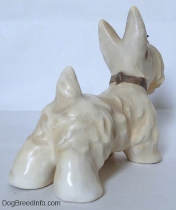 The back right side of a white and cream figurine of a Scottish Terrier with a fly on its nose. The figurine has a brown collar on.