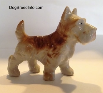 The right side of a bone china Scottish Terrier figurine. The ears of the figurine has short legs.