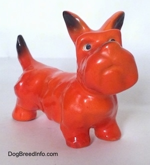 The front right side of an orange with black Scottish Terrier standing figurine. The figurine has black tipped ears.