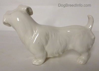 The right side of a white Sealyham Terrier figurine. The figurine has fine hair details along its side.