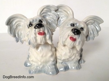 A figurine of Siamese silver platinum Skye Terrier twin figurines. The figurines mouths are painted open.