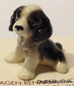 The left side of a black with white English Springer Spaniel puppy in a sitting pose figurine. The figurine has big black circles for eyes.