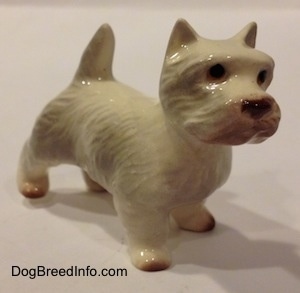 The front right side of a white with tan West Highland Terrier figurine. The figurine has short legs.
