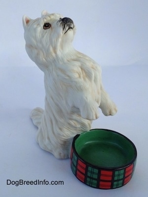 The front right side of a porcelain West Highland White Terrier in a begging pose next to an empty dish figurine. The figurine has fine hair details.
