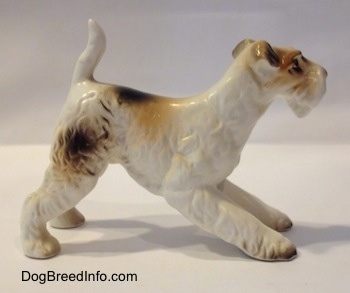The right side of a figurine of a ceramic white with tan and black Wire Fox Terrier. The figurine has flopped over ears.