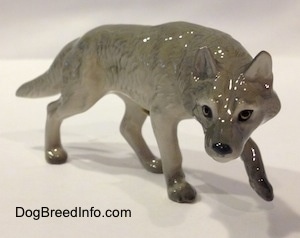 The front right side of a figurine of a gray Wolf stalking. The figurine has long legs.